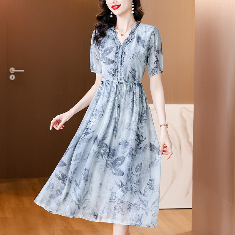 RY493# 杭州高端重磅真丝连衣裙2024夏收腰显瘦连衣裙轻薄透气桑蚕丝长裙