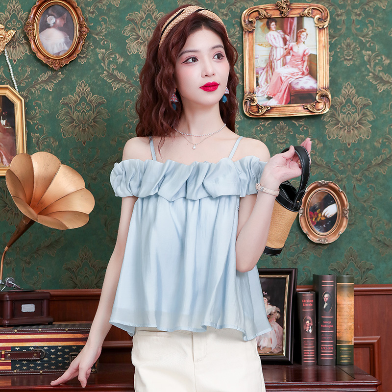 PF9773#夏季新款韩版纯色甜美套头短袖一字领简约心机吊带上衣女女裝貨源服裝批發