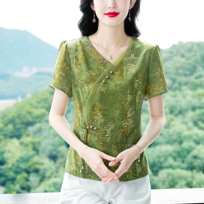 MY7391# 夏季复古国风短袖翻领印花宽松显瘦修身大码上衣女女裝貨源服裝批發