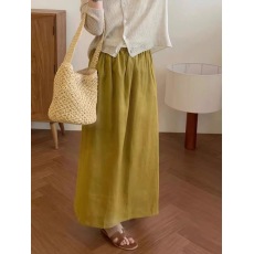 批发高端<b class='q'>亚麻</b>苎麻黄色半身裙女2025春季新款松紧腰中长款垂感A字裙子