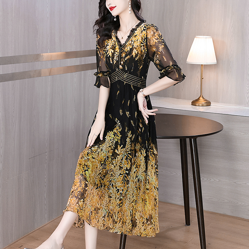 FA27305# 夏季新款印花连衣裙女喇叭袖夏季重磅高端复古真丝长裙子 服裝批發女裝批發服飾貨源