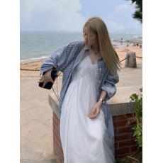 批发大码纯色茶歇吊带连衣裙温柔显瘦内搭无袖背心裙子慵懒格子外套