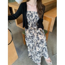 批发大码法式轻奢气质碎花吊带<b class='q'>连衣裙</b>高级感复古印花显瘦脚踝吊带长裙