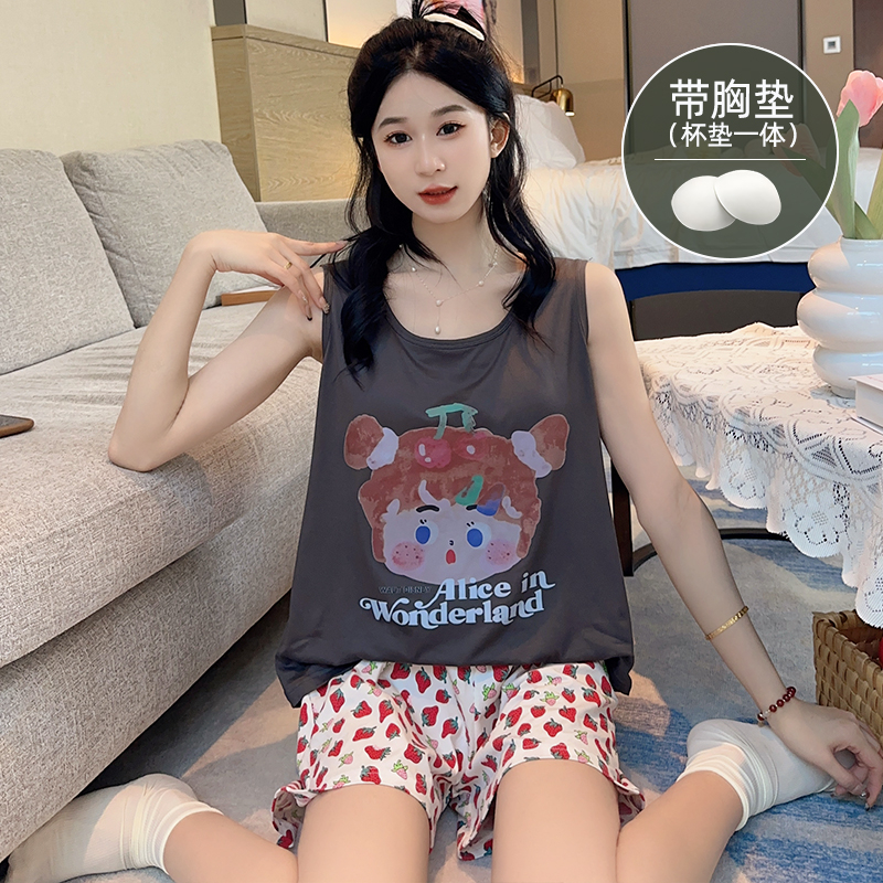 PF9565#夏季韩版新款背心无袖短裤带胸垫睡衣女两件套家居服女裝貨源服裝批發