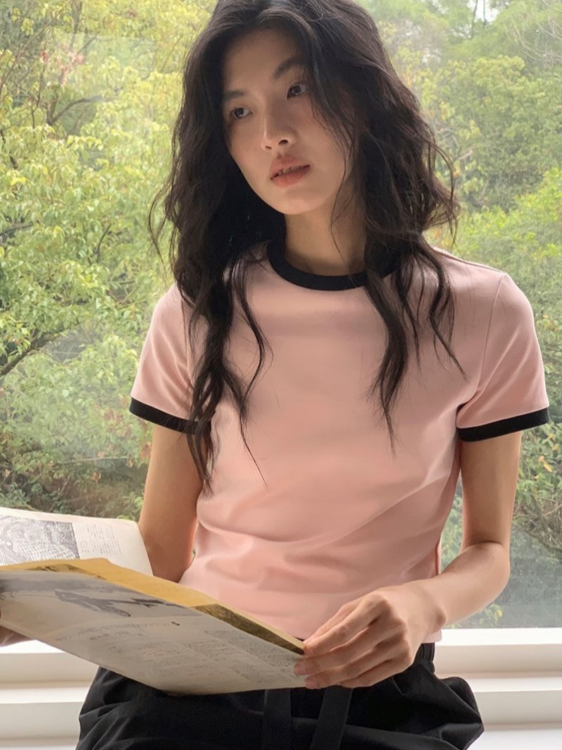 Contrast color splicing right shoulder short-sleeved T-shirt summer new small casual niche tops women's ins
