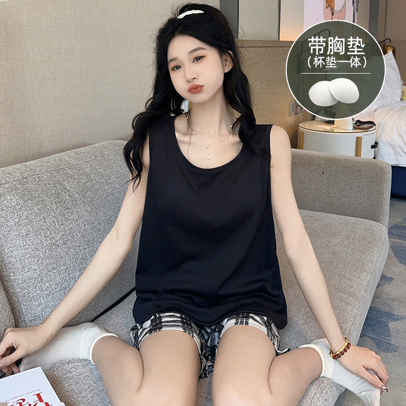 PF9562#夏季韩版新款背心无袖短裤带胸垫睡衣女两件套家居服女裝貨源服裝批發