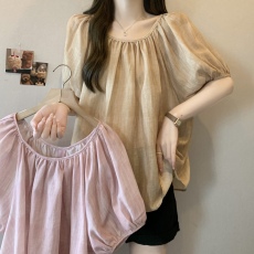 批发实拍大码女装泡泡袖衬衫夏季新款胖MM短袖宽松减龄显瘦透气上衣