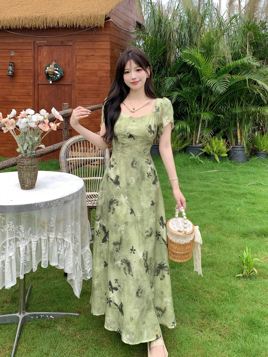 실사 빅 사이즈 여성 의류 여름 레트로 나비 꽃무늬 광장 칼라 드레스 몸매 가꾸기 슬림해 보이는 하이웨이스트 휴가 롱 스커트