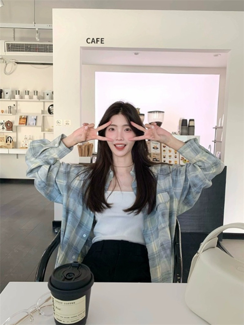 홍콩 느낌 레트로 배색 체크무늬 POLO 칼라 셔츠 여성 의류 이른 봄 중간 길이 루즈핏 외부 잡아라. 의류
