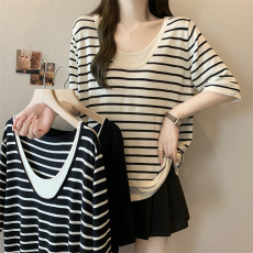 批发实拍 大码女装夏季胖妹妹针织条纹t恤拼接假两件胖mm短袖上衣
