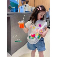 批发| 官图实价 | 纯棉180克 | 后包领 | 中大童背心立体花朵无袖T恤