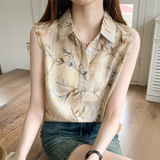 批发实拍洋气夏季花色坎肩透气背心女外穿衬衫无袖雪纺打底衫内搭上衣