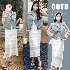 批发实拍现 2026新款大码女装夏装 直角肩<b class='q'>牛仔</b>马甲蕾丝吊带裙套装