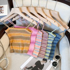 批发实拍 新款彩虹条纹冰丝针织吊带背心女夏外搭叠穿小吊带无袖上衣