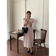 批发法式小众圆领泡泡袖<b class='q'>连衣裙</b>女宽松收腰系带长裙女