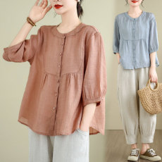 批发2026年休闲棉麻套装夏季新款时尚九分哈伦裤宽松遮肉显瘦<b class='q'>妈妈装</b>