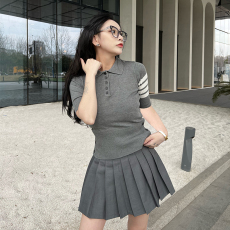 批发2026年夏季打底衫新款藏蓝色薄针织短袖女条纹翻领显瘦上衣polo衫