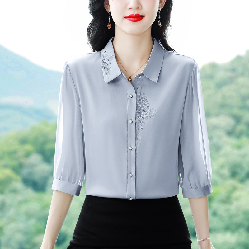 실사 2026 신제품 고급 자수 실크 단색 기타 색상 슬림해 보이는 우아함 7부 소매 여성 셔츠
