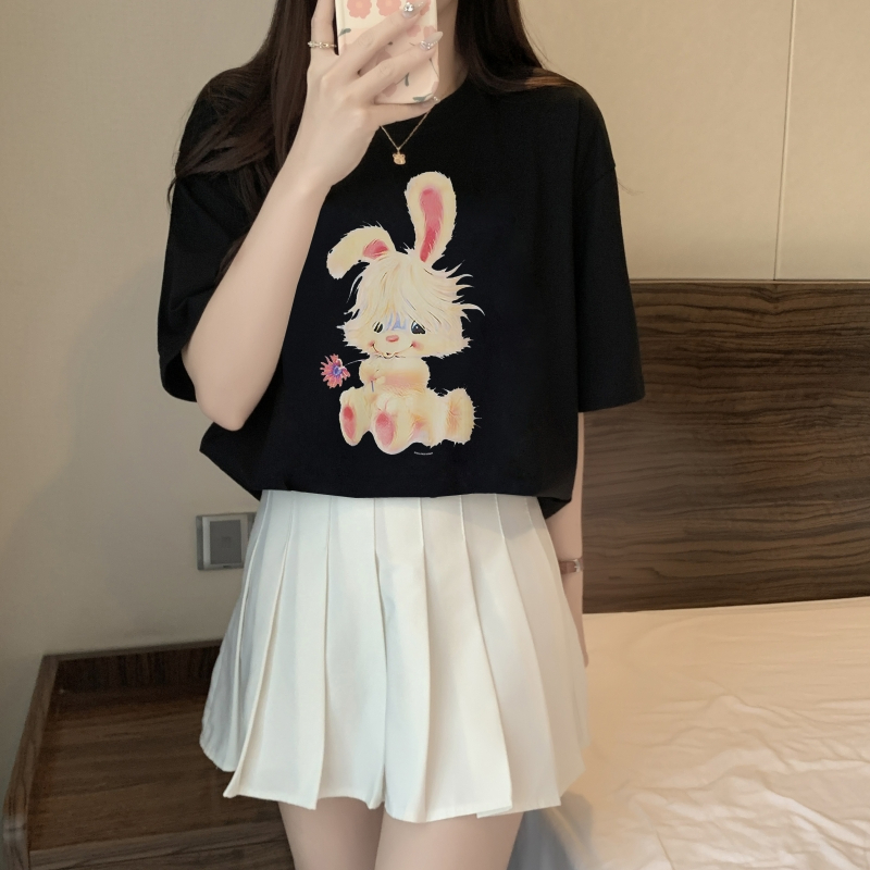 PF9604#夏装短袖T恤女宽松韩版卡通兔子印花上衣女裝貨源服裝批發