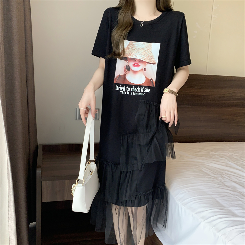 LN30943# 新款短袖夏季印花冰丝针织大码连衣裙 服裝批發女裝批發服飾貨源
