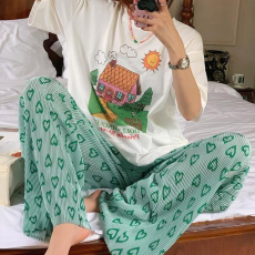 批发<b class='q'>外贸</b>原版夏季<b class='q'>大码</b>女装绿色爱心印花休闲裤女新款高腰褶皱直筒裤