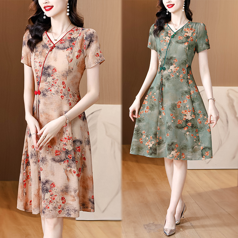 MY9322# 夏季新款大码短袖连衣裙新中式妈妈装宽松印花裙女裝貨源服裝批發