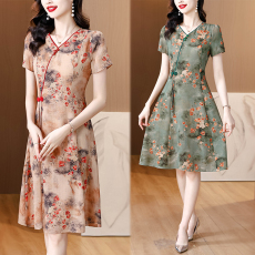 批发实拍 2026夏季新款大码短袖<b class='q'>连衣裙</b>新中式<b class='q'>妈妈装</b>宽松印花裙