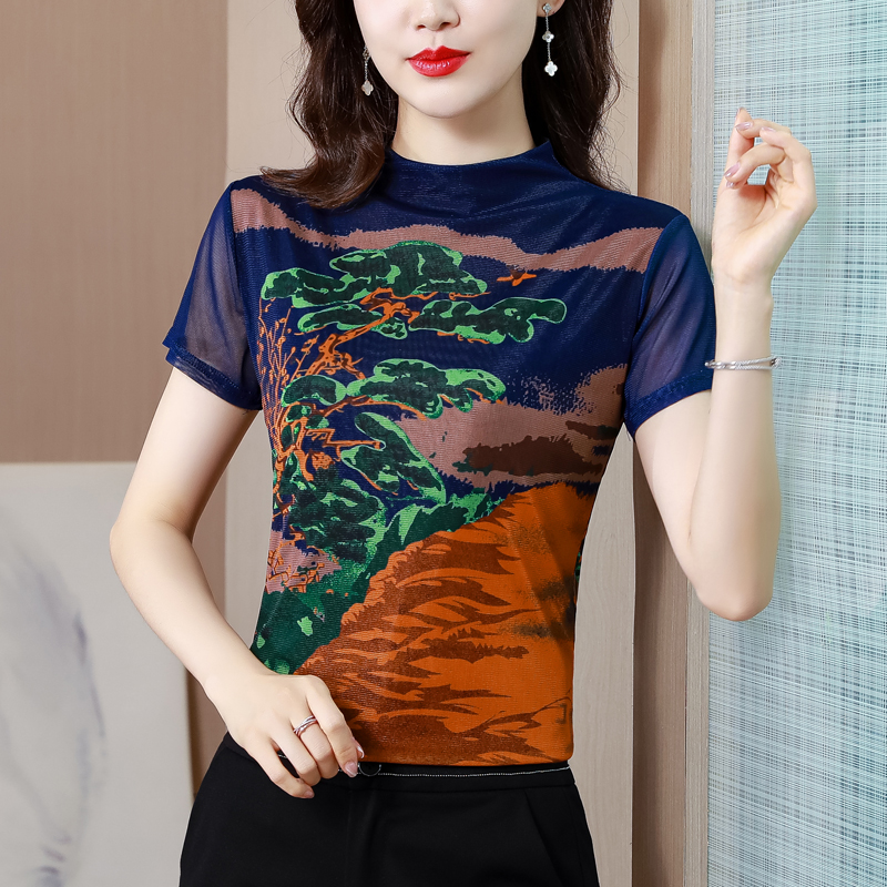 RY3689# 实拍2026夏季新款网纱打底衫女半高领短袖桑蚕丝印花韩版修身上衣