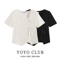 批发YOYO CLUB夏季新款不规则正肩短袖t恤<b class='q'>大码</b>复古国风盘扣新中式上衣