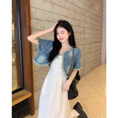 批发复古短款毛边短袖<b class='q'>牛仔</b>外套抹胸连衣裙长裙女夏季2025新款时尚套装