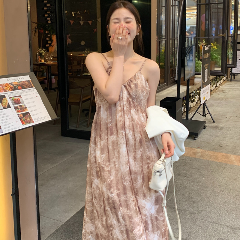 실사 휴가 바람 헤일로 염색 꽃무늬 민소매 꽃무늬 쉬폰 드레스 롱 코트 슬립 드레스