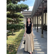 实拍 黑色U型下摆弧形背心针织弹力上衣+褶皱杏仁裙半身裙套装