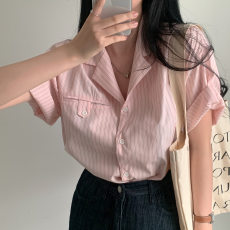 批发已出货 韩版 慵懒温柔少女纹理感宽松百搭条纹减龄衬衫上衣