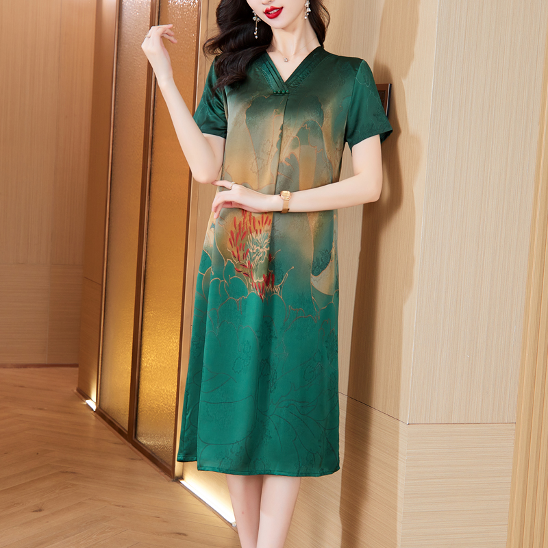 MY8627# 新香云纱连衣裙新款复古花色中长款桑蚕丝真丝裙女裝貨源服裝批...