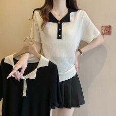 批发2026夏新款西装领设计感洋气冰丝<b class='q'>针织衫</b>上衣大码女装<b class='q'>宽松</b>短袖T恤