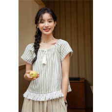 批发实拍2026夏季新款文艺复古流苏下摆条纹上衣短袖衬衫女