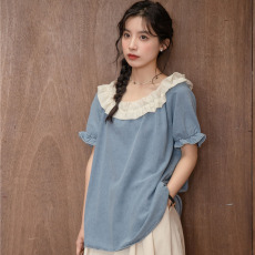 批发实拍2026夏季新款牛仔衬衫法式小众宽松荷叶边短袖圆领衬衫上衣女
