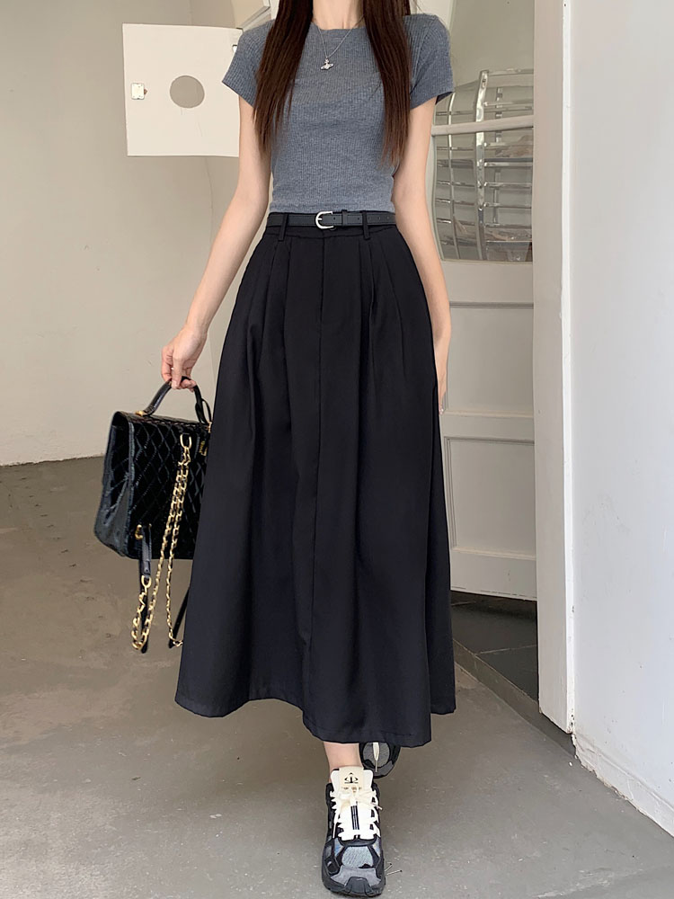 Actual shot ~ New Korean style design semi-elastic waist skirt A-line skirt with belt