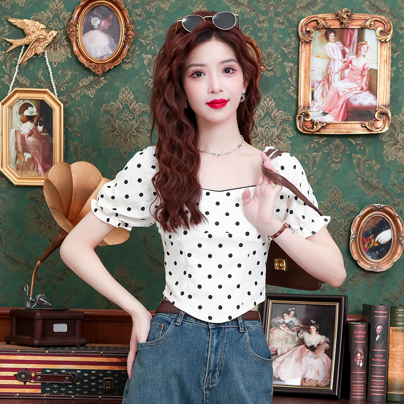 PF9763#夏季新款韩版波点泡泡袖短款衬衫甜美减龄小众修身上衣女裝貨源服裝批發