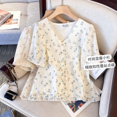批发实拍大码女装2026胖mm夏季<b class='q'>刺绣</b>小碎花木耳边减龄百搭V领显瘦上衣