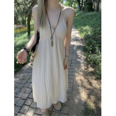 批发大码海边度假纯色无袖吊带长裙子海边度假夏季性感露背吊带连衣裙