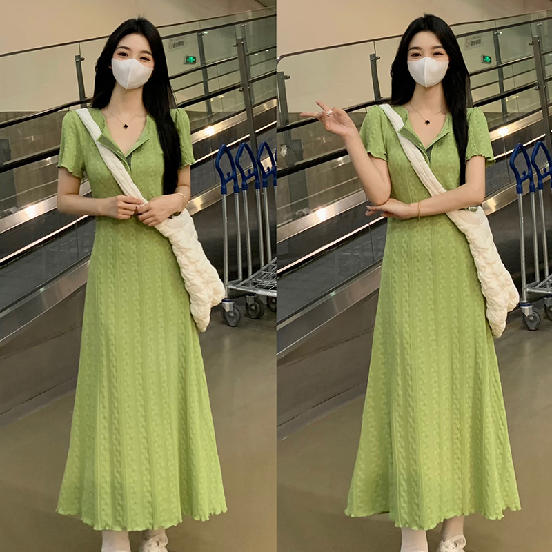 LN32365# 胖mm大码法式气质设计感绿色连衣裙女夏季短袖中长款显身材裙子 服裝批發女裝批發服飾貨源