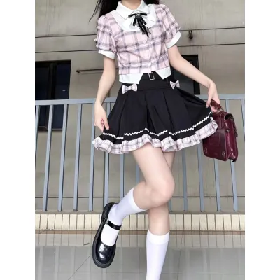 实拍现货 韩系少女学院风可爱甜妹正版黑粉jk制服套装小个子夏女