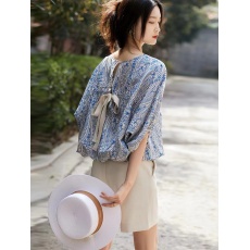 批发蝙蝠袖后蝴蝶结衬衫上衣女宽松型喇叭袖套头夏季七分袖圆圆领