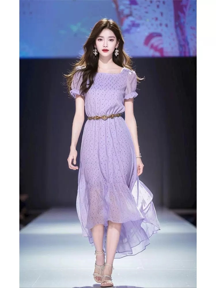 LN32522# 紫色波点连衣裙新款女夏季设计师款高端精致茶歇法式气质裙子 服裝批發女裝批發服飾貨源