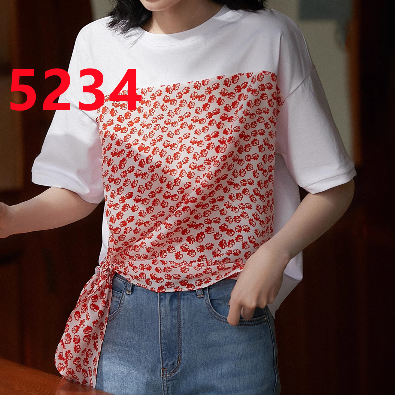 PF13173# 2024夏季新款高端气质舒适透气双绉桑蚕丝印花拼接T恤