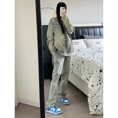 批发大码水洗复古黄泥牛仔外套男夏季美式高街拉链牛仔衣褂子工装夹克