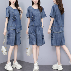 批发实拍 新款套装女 宽松洗水棉薄牛仔圆领五分裤国风两件套大码女装