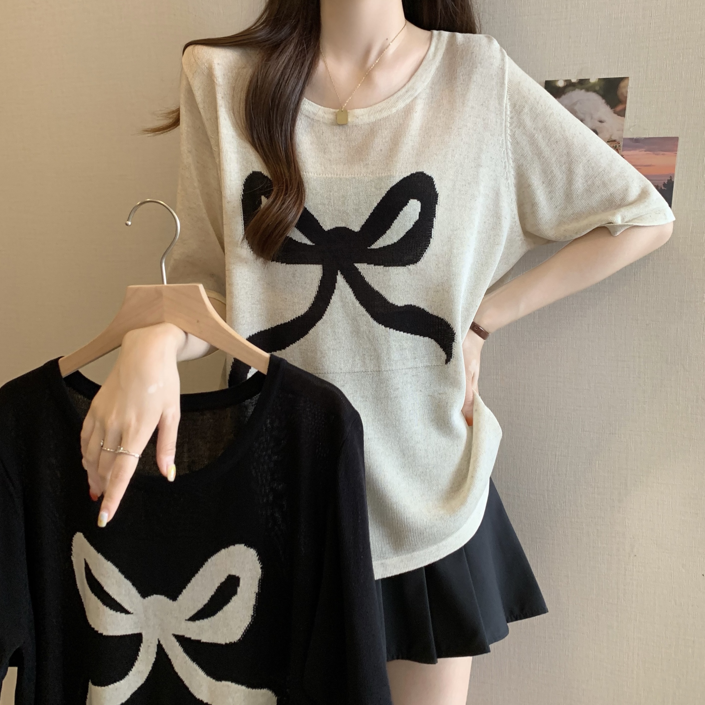 있음 선적 실사 지방 mm 빅 사이즈 라운드 넥 나비 매듭 반팔 니트 스웨터 맨위 슬림해 보이는 표지 고기 티셔츠