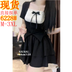 批发海盐芝士微胖mm法式辣妹短袖T恤蝴蝶结方领上衣假两件